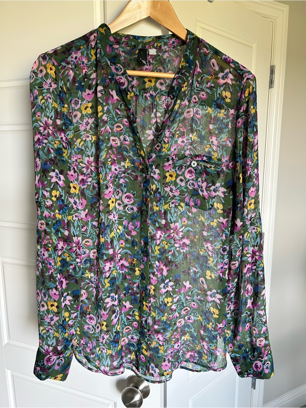 Kut from the kloth Chiffon Semi Sheer Floral Blouse Olive Green Multi